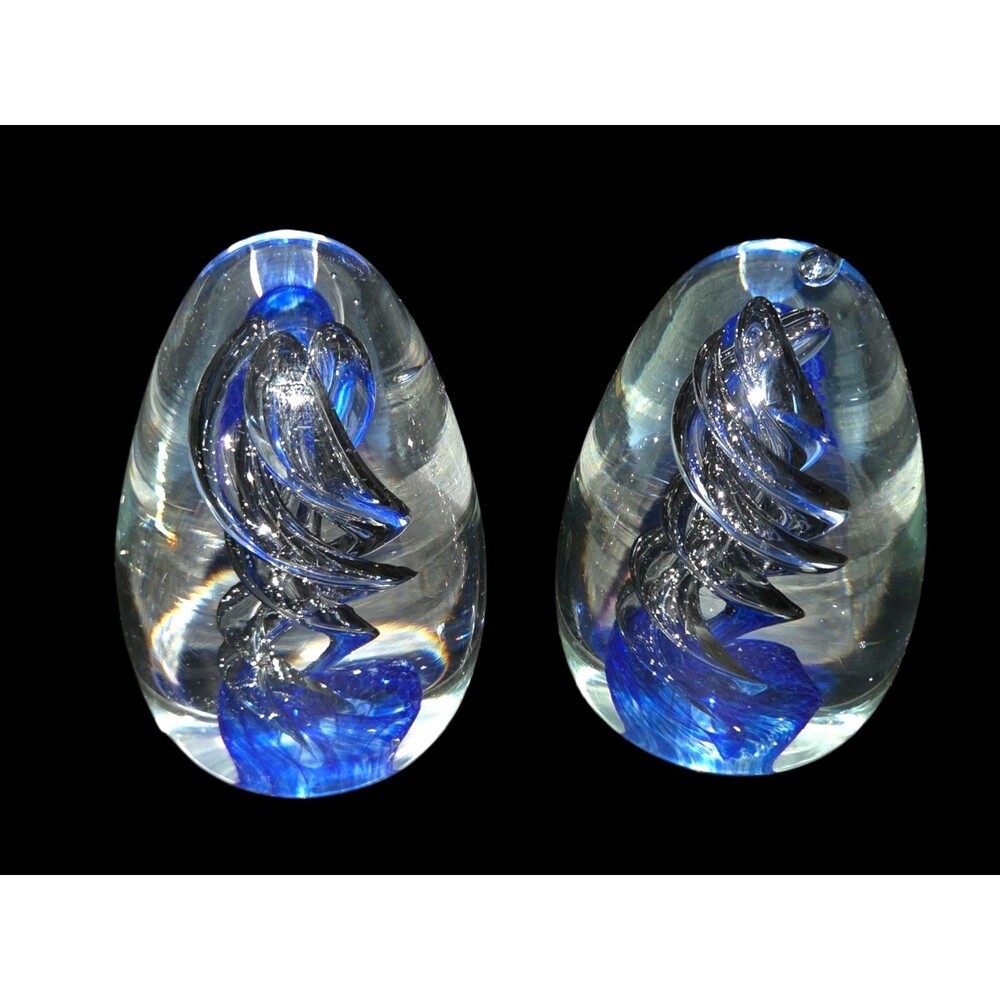 Art Glass Egg Shaped Paperweight Bubbles,Metallic Blue/Black Swirl Twist Design